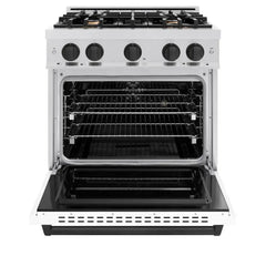 ZLINE Autograph Edition 30 in. 4.2 cu. ft. Classic Dual Fuel Range with 4 Burner Gas Cooktop and Electric Convection Oven in Satin Stainless Steel with White Matte Door and Matte Black Accents - CDRSZ-WM-30-MB - The Home Selection