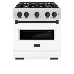 ZLINE Autograph Edition 30 in. 4.2 cu. ft. Classic Dual Fuel Range with 4 Burner Gas Cooktop and Electric Convection Oven in Satin Stainless Steel with White Matte Door and Matte Black Accents - CDRSZ-WM-30-MB - The Home Selection