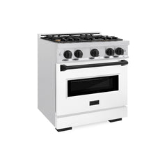ZLINE Autograph Edition 30 in. 4.2 cu. ft. Classic Dual Fuel Range with 4 Burner Gas Cooktop and Electric Convection Oven in Satin Stainless Steel with White Matte Door and Matte Black Accents - CDRSZ-WM-30-MB - The Home Selection