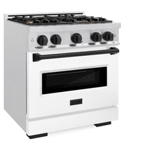 ZLINE Autograph Edition 30 in. 4.2 cu. ft. Classic Dual Fuel Range with 4 Burner Gas Cooktop and Electric Convection Oven in Satin Stainless Steel with White Matte Door and Matte Black Accents - CDRSZ-WM-30-MB - The Home Selection