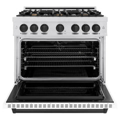 ZLINE Autograph Edition 36 in. 5.2 cu. ft. Classic Dual Fuel Range with 6 Burner Gas Cooktop and Electric Convection Oven in Satin Stainless Steel with White Matte Door and Matte Black Accents - CDRSZ-WM-36-MB - The Home Selection