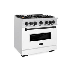 ZLINE Autograph Edition 36 in. 5.2 cu. ft. Classic Dual Fuel Range with 6 Burner Gas Cooktop and Electric Convection Oven in Satin Stainless Steel with White Matte Door and Matte Black Accents - CDRSZ-WM-36-MB - The Home Selection