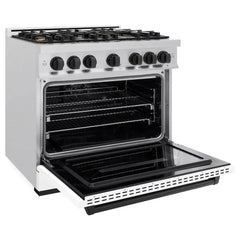 ZLINE Autograph Edition 36 in. 5.2 cu. ft. Classic Dual Fuel Range with 6 Burner Gas Cooktop and Electric Convection Oven in Satin Stainless Steel with White Matte Door and Matte Black Accents - CDRSZ-WM-36-MB - The Home Selection