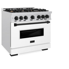 ZLINE Autograph Edition 36 in. 5.2 cu. ft. Classic Dual Fuel Range with 6 Burner Gas Cooktop and Electric Convection Oven in Satin Stainless Steel with White Matte Door and Matte Black Accents - CDRSZ-WM-36-MB - The Home Selection