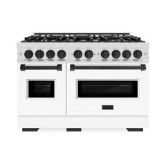 ZLINE Autograph Edition 48 in. 6.7 cu. ft. Classic Double Oven Dual Fuel Range with 8 Burner Gas Cooktop in Satin Stainless Steel with White Matte Doors and Matte Black Accents - CDRSZ-WM-48-MB - The Home Selection