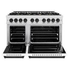 ZLINE Autograph Edition 48 in. 6.7 cu. ft. Classic Double Oven Dual Fuel Range with 8 Burner Gas Cooktop in Satin Stainless Steel with White Matte Doors and Matte Black Accents - CDRSZ-WM-48-MB - The Home Selection