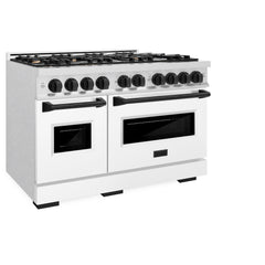 ZLINE Autograph Edition 48 in. 6.7 cu. ft. Classic Double Oven Dual Fuel Range with 8 Burner Gas Cooktop in Satin Stainless Steel with White Matte Doors and Matte Black Accents - CDRSZ-WM-48-MB - The Home Selection