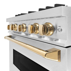 ZLINE Autograph Edition 30 in. 4.2 cu. ft. Classic Dual Fuel Range with 4 Burner Gas Cooktop and Electric Convection Oven in Satin Stainless Steel with Polished Gold Accents - CDRSZ-30-G - The Home Selection