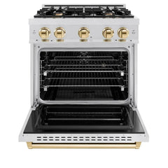 ZLINE Autograph Edition 30 in. 4.2 cu. ft. Classic Dual Fuel Range with 4 Burner Gas Cooktop and Electric Convection Oven in Satin Stainless Steel with Polished Gold Accents - CDRSZ-30-G - The Home Selection