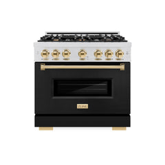 ZLINE Autograph Edition 36 in. 5.2 cu. ft. Classic Dual Fuel Range with 6 Burner Gas Cooktop and Electric Convection Oven in Satin Stainless Steel with Polished Gold Accents