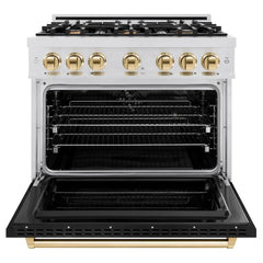 ZLINE Autograph Edition 36 in. 5.2 cu. ft. Classic Dual Fuel Range with 6 Burner Gas Cooktop and Electric Convection Oven in Satin Stainless Steel with Polished Gold Accents
