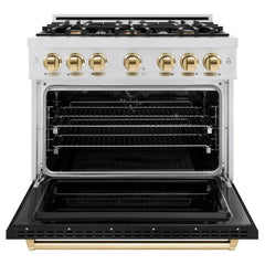 ZLINE Autograph Edition 36 in. 5.2 cu. ft. Classic Dual Fuel Range with 6 Burner Gas Cooktop and Electric Convection Oven in Satin Stainless Steel with Black Matte Door and Polished Gold Accents - CDRSZ-BLM-36-G - The Home Selection