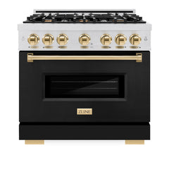 ZLINE Autograph Edition 36 in. 5.2 cu. ft. Classic Dual Fuel Range with 6 Burner Gas Cooktop and Electric Convection Oven in Satin Stainless Steel with Polished Gold Accents