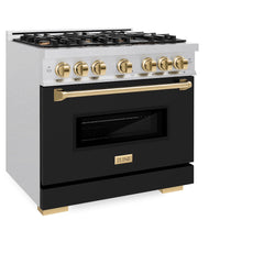 ZLINE Autograph Edition 36 in. 5.2 cu. ft. Classic Dual Fuel Range with 6 Burner Gas Cooktop and Electric Convection Oven in Satin Stainless Steel with Polished Gold Accents