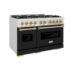 ZLINE 48 in. 6.7 cu. ft. Classic Double Oven Dual Fuel Range with 8 Bu - Satin Stainless Steel with Black Matte Door, Polished Gold Accents