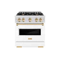 ZLINE Autograph Edition 30 in. 4.2 cu. ft. Classic Dual Fuel Range with 4 Burner Gas Cooktop and Electric Convection Oven in Satin Stainless Steel with White Matte Door and Polished Gold Accents - CDRSZ-WM-30-G - The Home Selection