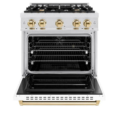 ZLINE Autograph Edition 30 in. 4.2 cu. ft. Classic Dual Fuel Range with 4 Burner Gas Cooktop and Electric Convection Oven in Satin Stainless Steel with White Matte Door and Polished Gold Accents - CDRSZ-WM-30-G - The Home Selection