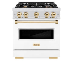 ZLINE Autograph Edition 30 in. 4.2 cu. ft. Classic Dual Fuel Range with 4 Burner Gas Cooktop and Electric Convection Oven in Satin Stainless Steel with White Matte Door and Polished Gold Accents - CDRSZ-WM-30-G - The Home Selection