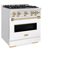 ZLINE Autograph Edition 30 in. 4.2 cu. ft. Classic Dual Fuel Range with 4 Burner Gas Cooktop and Electric Convection Oven in Satin Stainless Steel with White Matte Door and Polished Gold Accents - CDRSZ-WM-30-G - The Home Selection