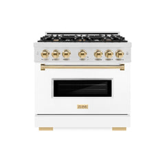 ZLINE Autograph Edition 36 in. 5.2 cu. ft. Classic Dual Fuel Range with 6 Burner Gas Cooktop and Electric Convection Oven in Satin Stainless Steel with White Matte Door and Polished Gold Accents - CDRSZ-WM-36-G - The Home Selection
