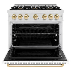 ZLINE Autograph Edition 36 in. 5.2 cu. ft. Classic Dual Fuel Range with 6 Burner Gas Cooktop and Electric Convection Oven in Satin Stainless Steel with White Matte Door and Polished Gold Accents - CDRSZ-WM-36-G - The Home Selection
