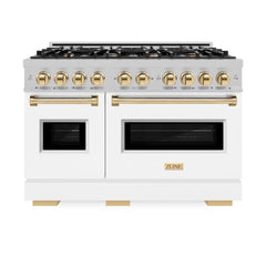 ZLINE Autograph Edition 48 in. 6.7 cu. ft. Classic Double Oven Dual Fuel Range with 8 Burner Gas Cooktop in Satin Stainless Steel with White Matte Doors and Polished Gold Accents - CDRSZ-WM-48-G - The Home Selection