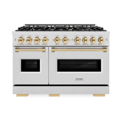 ZLINE Autograph Edition 48 in. 6.7 cu. ft. Classic Double Oven Dual Fuel Range with 8 Burner Gas Cooktop in Satin Stainless Steel and Polished Gold Accents - CDRSZ-48-G - The Home Selection