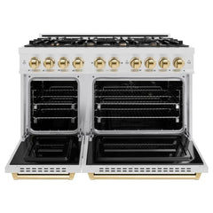 ZLINE Autograph Edition 48 in. 6.7 cu. ft. Classic Double Oven Dual Fuel Range with 8 Burner Gas Cooktop in Satin Stainless Steel and Polished Gold Accents - CDRSZ-48-G - The Home Selection