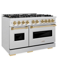 ZLINE Autograph Edition 48 in. 6.7 cu. ft. Classic Double Oven Dual Fuel Range with 8 Burner Gas Cooktop in Satin Stainless Steel and Polished Gold Accents - CDRSZ-48-G - The Home Selection