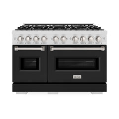 ZLINE 48 in. 6.7 cu. ft. Classic Double Oven Gas Range with 8 Burner Cooktop in Satin Stainless Steel with Black Matte Doors - CGRS-BLM-48
