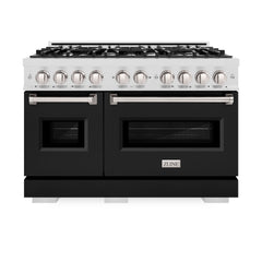 ZLINE 48 in. 6.7 cu. ft. Classic Double Oven Gas Range with 8 Burner Cooktop in Satin Stainless Steel with Black Matte Doors - CGRS-BLM-48