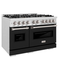 ZLINE 48 in. 6.7 cu. ft. Classic Double Oven Gas Range with 8 Burner Cooktop in Satin Stainless Steel with Black Matte Doors - CGRS-BLM-48