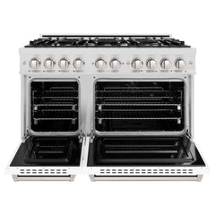 ZLINE 48 in. 6.7 cu. ft. Classic Double Oven Gas Range with 8 Burner Cooktop in Satin Stainless Steel with White Matte Doors - CGRS-WM-48