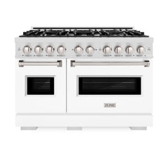 ZLINE 48 in. 6.7 cu. ft. Classic Double Oven Gas Range with 8 Burner Cooktop in Satin Stainless Steel with White Matte Doors - CGRS-WM-48