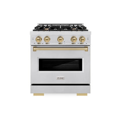 ZLINE Autograph Edition 30 in. 4.2 cu. ft. Classic Gas Range with 4 Burner Cooktop and Convection Gas Oven in Satin Stainless Steel and Champagne Bronze Accents - CGRSZ-30-CB - The Home Selection