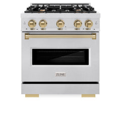 ZLINE Autograph Edition 30 in. 4.2 cu. ft. Classic Gas Range with 4 Burner Cooktop and Convection Gas Oven in Satin Stainless Steel and Champagne Bronze Accents - CGRSZ-30-CB - The Home Selection
