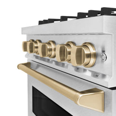 ZLINE Autograph Edition 30 in. 4.2 cu. ft. Classic Gas Range with 4 Burner Cooktop and Convection Gas Oven in Satin Stainless Steel and Champagne Bronze Accents - CGRSZ-30-CB - The Home Selection