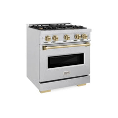 ZLINE Autograph Edition 30 in. 4.2 cu. ft. Classic Gas Range with 4 Burner Cooktop and Convection Gas Oven in Satin Stainless Steel and Champagne Bronze Accents - CGRSZ-30-CB - The Home Selection