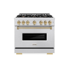 ZLINE Autograph Edition 36 in. 5.2 cu. ft. Classic Gas Range with 6 Burner Cooktop and Convection Gas Oven in Satin Stainless Steel and Champagne Bronze Accents - CGRSZ-36-CB - The Home Selection