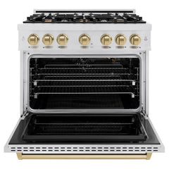 ZLINE Autograph Edition 36 in. 5.2 cu. ft. Classic Gas Range with 6 Burner Cooktop and Convection Gas Oven in Satin Stainless Steel and Champagne Bronze Accents - CGRSZ-36-CB - The Home Selection