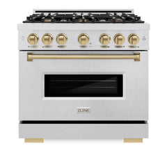 ZLINE Autograph Edition 36 in. 5.2 cu. ft. Classic Gas Range with 6 Burner Cooktop and Convection Gas Oven in Satin Stainless Steel and Champagne Bronze Accents - CGRSZ-36-CB - The Home Selection