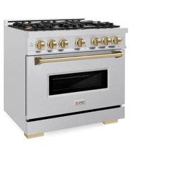 ZLINE Autograph Edition 36 in. 5.2 cu. ft. Classic Gas Range with 6 Burner Cooktop and Convection Gas Oven in Satin Stainless Steel and Champagne Bronze Accents - CGRSZ-36-CB - The Home Selection