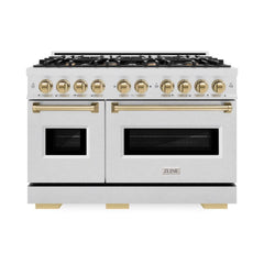 ZLINE Autograph Edition 48 in. 6.7 cu. ft. Classic Double Oven Gas Range with 8 Burner Cooktop in Satin Stainless Steel and Champagne Bronze Accents - CGRSZ-48-CB - The Home Selection