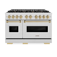 ZLINE Autograph Edition 48 in. 6.7 cu. ft. Classic Double Oven Gas Range with 8 Burner Cooktop in Satin Stainless Steel and Champagne Bronze Accents - CGRSZ-48-CB - The Home Selection