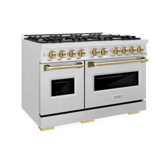 ZLINE Autograph Edition 48 in. 6.7 cu. ft. Classic Double Oven Gas Range with 8 Burner Cooktop in Satin Stainless Steel and Champagne Bronze Accents - CGRSZ-48-CB - The Home Selection