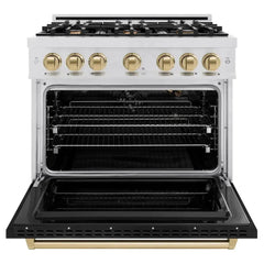 ZLINE Autograph Edition 36 in. 5.2 cu. ft. Classic Gas Range with 6 Burner Cooktop and Convection Gas Oven in Satin Stainless Steel with Black Matte Door and Champagne Bronze Accents - CGRSZ-BLM-36-CB - The Home Selection