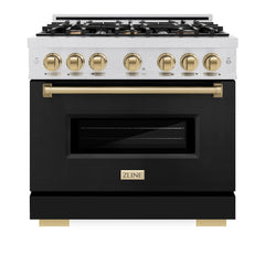 ZLINE Autograph Edition 36 in. 5.2 cu. ft. Classic Gas Range with 6 Burner Cooktop and Convection Gas Oven in Satin Stainless Steel with Black Matte Door and Champagne Bronze Accents - CGRSZ-BLM-36-CB - The Home Selection