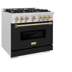 ZLINE Autograph Edition 36 in. 5.2 cu. ft. Classic Gas Range with 6 Burner Cooktop and Convection Gas Oven in Satin Stainless Steel with Black Matte Door and Champagne Bronze Accents - CGRSZ-BLM-36-CB - The Home Selection