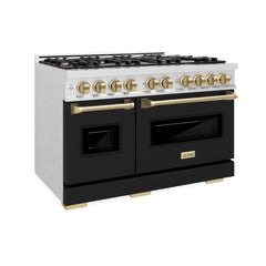 ZLINE 48 in. 6.7 cu. ft. Classic Double Oven Gas Range with 8 Burner C - Satin Stainless Steel with Black Matte Door, Champagne Bronze Accents