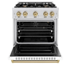 ZLINE Autograph Edition 30 in. 4.2 cu. ft. Classic Gas Range with 4 Burner Cooktop and Convection Gas Oven in Satin Stainless Steel with White Matte Door and Champagne Bronze Accents - CGRSZ-WM-30-CB - The Home Selection